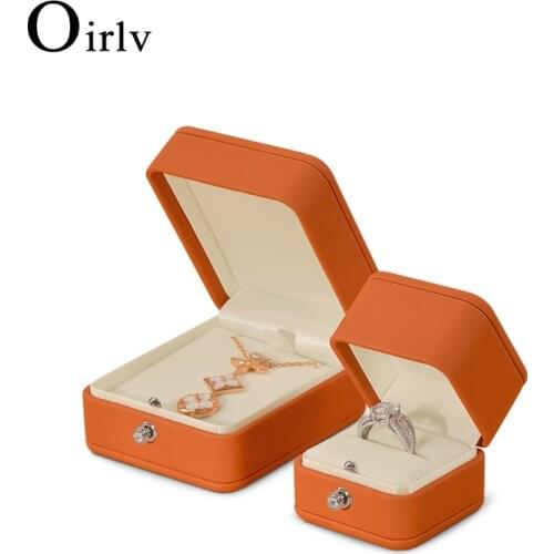 Oirlv Premium Orange Leather Ring Box Jewelry Snap Storage Gift Box for Engagement Wedding Rings Bearer Case Pendant Organizer