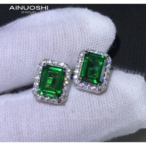 AINUOSHI 925 Sterling Silver Emerald Cut 6x8mm Lad Created Emerald Simple Stud Earrings For Anniversary Gift