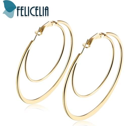 Felicelia Simple Personalized Women Earrings Silver Gold Color Double Round Circle Big Hoop Earrings Valentines Day Jewelry Gift