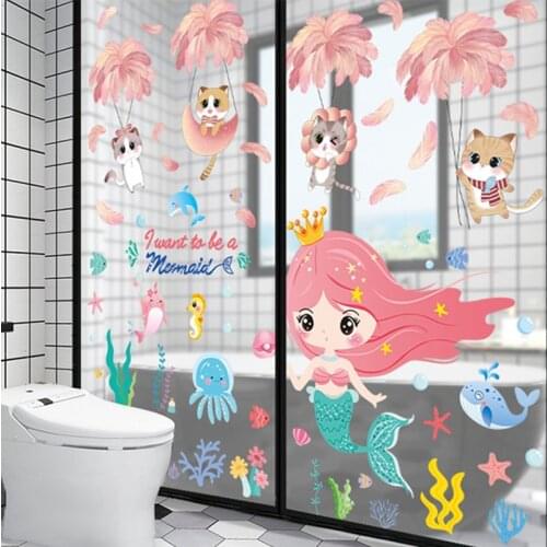 [SHIJUEHEZI] Girl Mermaid Wall Stickers DIY Cats Animals Feathers Wall Decals for Kids Room Baby Bedroom Nursery Home Decoration