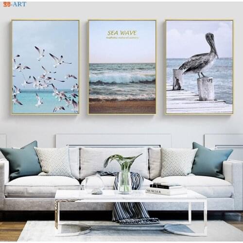 Blue Seascape Canvas Painting Sea Wave Poster Seagull Bird Print Ocean Surf Wall Art Picture Nordic Decoration Decor