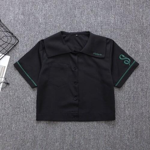 Sweet JK Girl School Uniform Polo Collar Black Shirt Short Sleeve T-shirt Tops Preppy Style Blouse Snake Embroidery Trim TEE