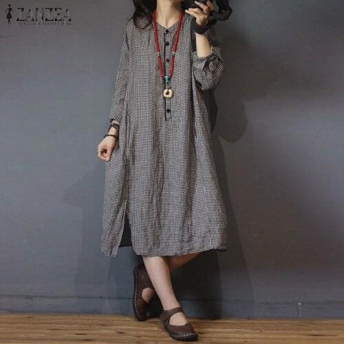 2021 Plus Size ZANZEA Spring Autumn Women Casual O Neck Long Sleeve Split Vintage Plaid Check Loose Long Shirt Dress Vestido