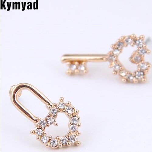Kymyad Crystal Stud Earrings For Women Jewelry Heart Key Asymmetrical Woman Earrings 2020 Statement Earings Fashion Jewelry