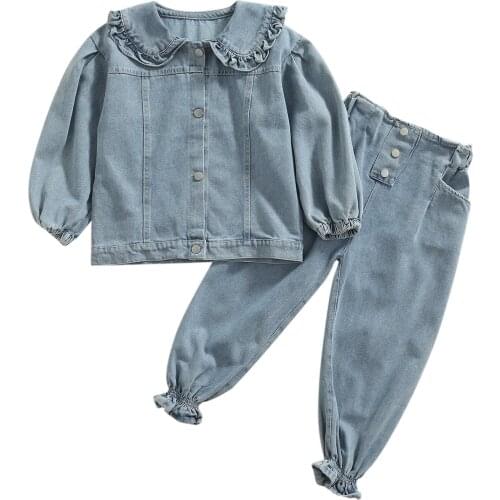 Citgeett Autumn Kids Girls Denim Coat and Trousers Suit Fashion Solid Color Long Sleeve Jacket Pants Clothes Set