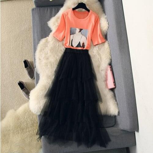 2019 Summer Short Sleeve Printed O-neck T-Shirt+ Elastic Mesh Cake Skirt Sets Womens Casual Sexy Two Pieces Skirt Suits