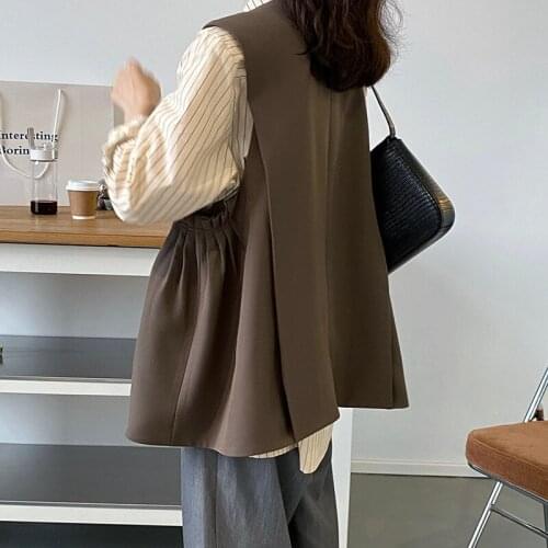 Solid color loose casual a-word suit vest women 2021 autumn pleated umbrella drape coat 5193