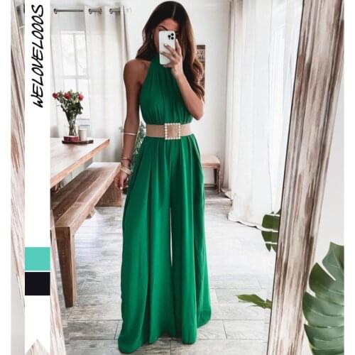 Sleeveless Wide Leg Jumpsuit Halter High Waist Chiffon Bodysuit 2021 Summer Casual Loose Halter Solid Hollow Out Women Jumpsuit