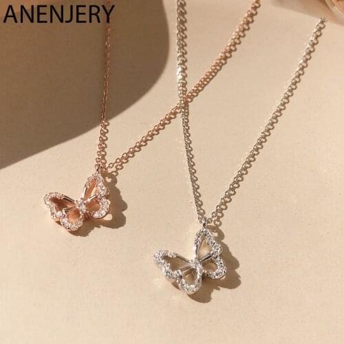 ANENJERY 925 Sterling Silver Hollow butterfly Necklace for Women Light Luxury Zircon Clavicle Chain Jewelry Gifts S-N743