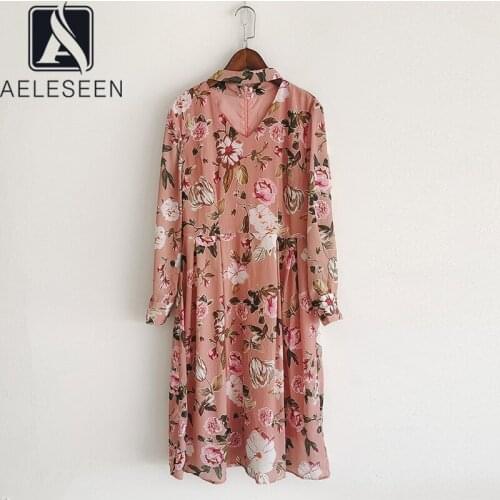 AELESEEN Women New Spring Autumn Dress 2021 Runway Fashion Pink Flower Print Neck Hollow Out Ladies Holiday Midi Dress