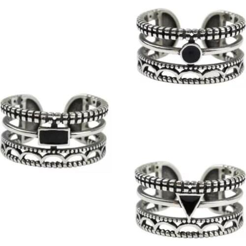 S925 Bohemian Vintage Silver Oxidized Statement Triplet Hollow Carved Flowers Knuckle Rings Stackable Finger Ring for Women Girl