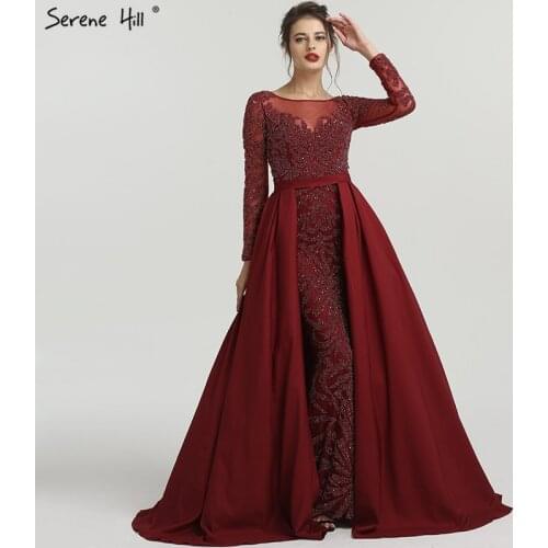 2020 Sexy Sheer Long Sleeve Burgundy Evening Dresses Crystal Beaded Muslim Prom Dress Party Gown Robe De Soiree BLA6172