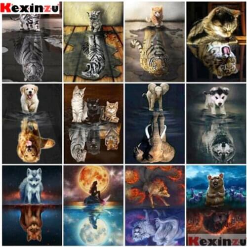 Kexinzu Diamond Painting Animal Diamond Embroidery Reflection 5D DIY Diamond Mosaic Cat Elephant Dog Full Sets Gift Home Decor