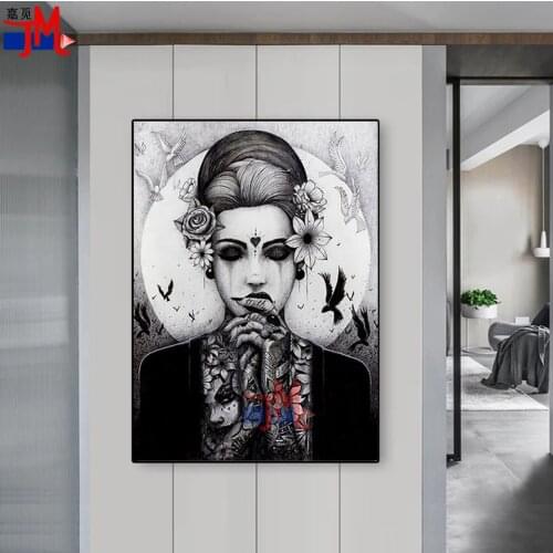 Diamond Painting Hot Selling Horror Vintage Black And White Tattoo Japanese Woman Cross Stitch Diamond Embroidery Mosaic Decor