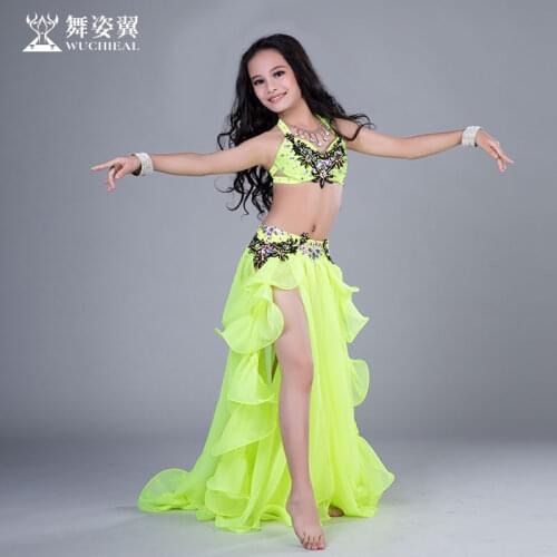 Rhinestone Spandex Chiffon Belly dance Bra Placketing skirt 2pcs set for little girl/children/kid,costume performance wear RT180