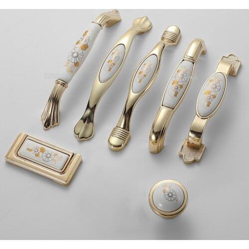 Zinc Alloy Ceramic Gold Door Wardrobe Pulls Flower Antique Cabinet Cupboard Knobs European Fashion Drawer Kitchen Hardware