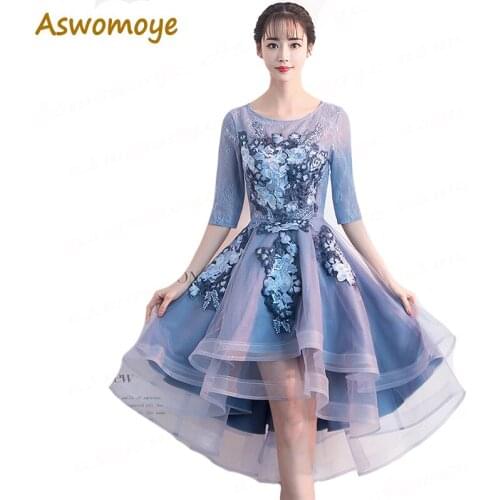 Short Homecoming Dresses 2020 Blue Formal Dresses Asymmetrical Illusion O-Neck Wedding Party Dress Half Sleeve Appliques Flower