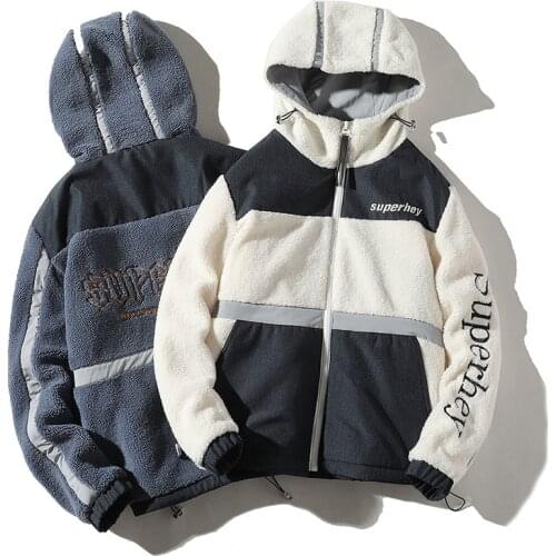 Autumn Winter Hooded Mens Lalambs wool Jacket Patchwork Fashion Tide Brand Thick Streetwear Loose Warm Fleece Coat Clothing