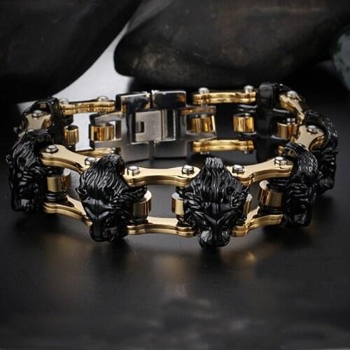 22.5mm Cool Jewelry Stainless Steel Gold Black Motor Biker Chain Punk Lion Head Wristband Mens Bracelet Bangle 8.26" Xmas Gift