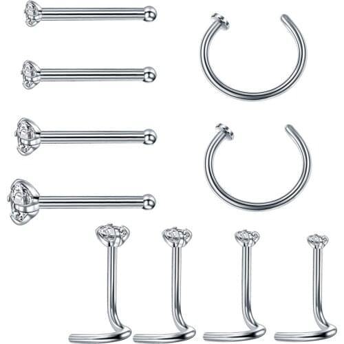 Surgical Steel Crystal Nose Ring Set Straight 20G Nose Stud Pack Zircon Nose Ring And Studs Lot Nostril Piercing Bulk Jewelry