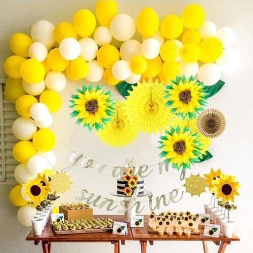 36pcs You are my sunshine Birthday Decoration Set DIY Sunflower Pom Poms Yellow Paper Fans Balloons Gold Glitter Banner Decor