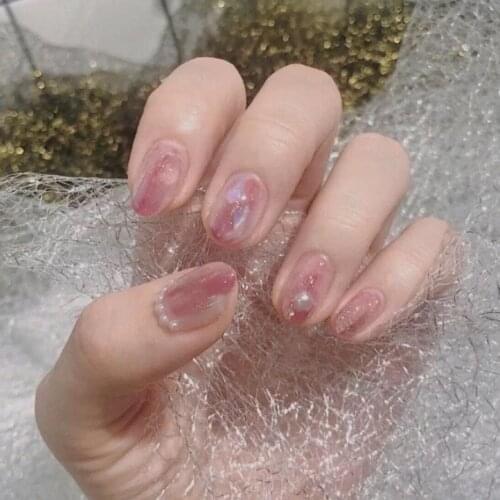 Princess style Ins Mermaid color with pearl 3d decorated fake nails cute round false nails 24pcs with glue bride full nail tips
