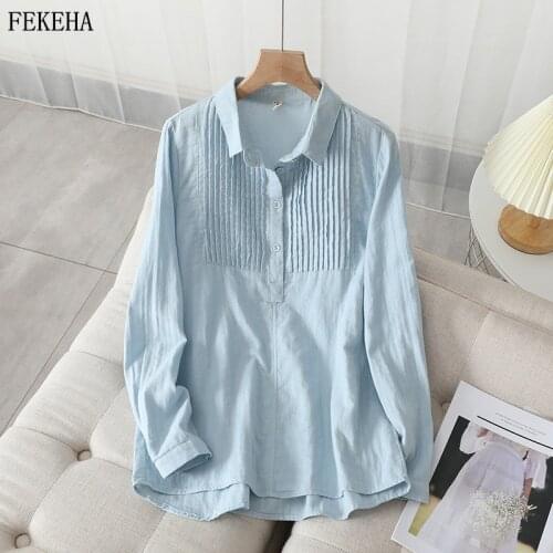 Autumn White Shirts Women Blouses Long Sleeve Pullover Linen Lady Tops Female Clothes Pink Blue