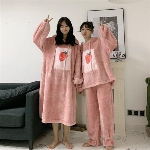 Night gown winter Coral fleece nightdress strawberry cartoon casual home wear loose fashion net red suit sleep dress hot sale