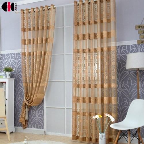 Luxury Chinese Jacquard Tulle Curtain for Bedroom Plaid Pattern Simple Modern French Window Drapes M077C
