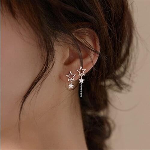 925 Sterling Asymmetry Zircon Star Long Drop Earring For Women Party Wedding Personality Jewelry Accessories eh933