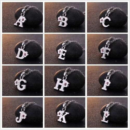 Teamer 26 Alphabet Letter Pendant Commemorative Gift Flower Pink Crystal Necklace Adjustable Link Chain Initial Name ABCDEFGHIJK