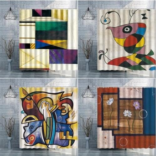 Retro Geometric Pattern Shower Curtain Modern Simple Multi-Color Home Living Room Cartoon Decor Curtains Set With Hooks Washable
