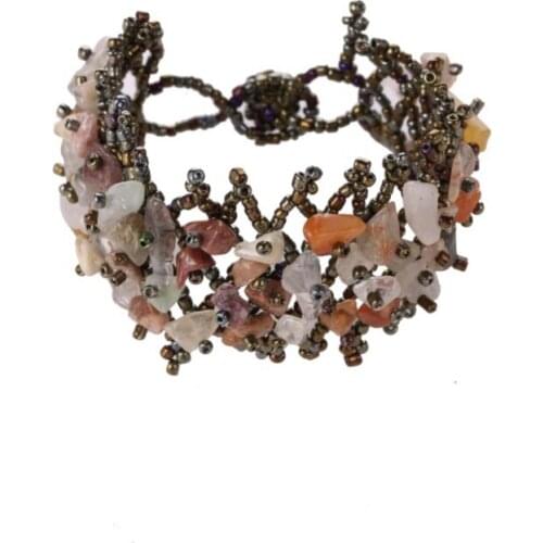 Bohemian Ethnic Style Wide Side Multicolor Beads Natural Stone Hollow Fashion Elastic Womens Bracelets