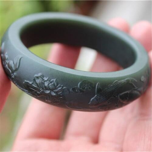 Natural 7A hetian black green jade bangles handcarved lotus flower jade bracelet bangles for women jade bracelet jade jewelry
