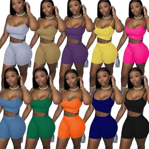 5WY6672 Summer Women Two Piece Set Solid Color Strap Top and Shorts 2 Piece Set Tracksuit Sport