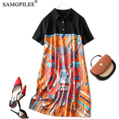 European Dresses For Women 2021 Print Retro Polo Collar Short Sleeve Stitching Loose Summer Woman Black Dress Plus Size 4XL