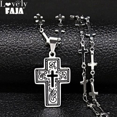 2021 Fashion Flower Cross Stainless Steel Statement Necklace for Women Black Enamel Chain Necklace Jewelry collares mujer N1810