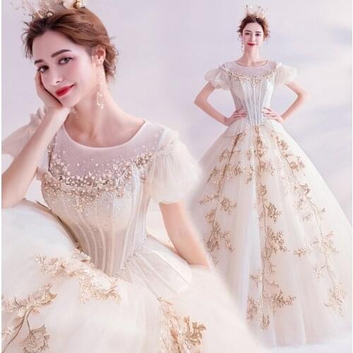 100%real light champagne beading princess dance ball gown cosplay Renaissance Victoria/Belle Ball