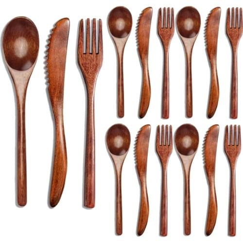 15 Pcs Wooden Spoon Fork Knife Cutlery Set Wooden Dinner Utensil Set Kitchen Wooden Flatware Tableware Cutlery Set