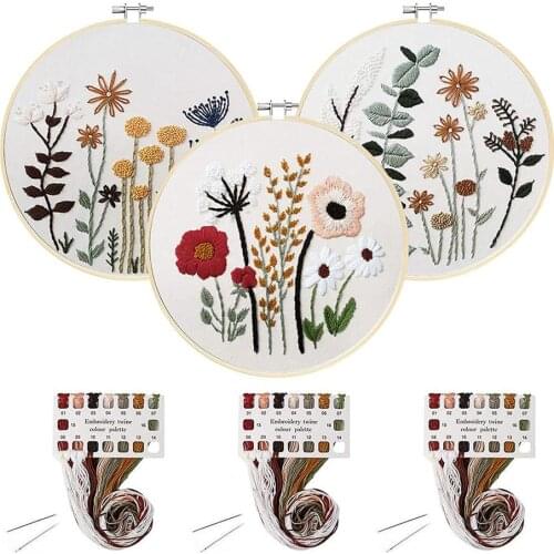 3pcs Embroidery Material Kit DIY Flower Pattern Embroidery Set With Embroidery Hoop Needlework Tools Printed Embroidery