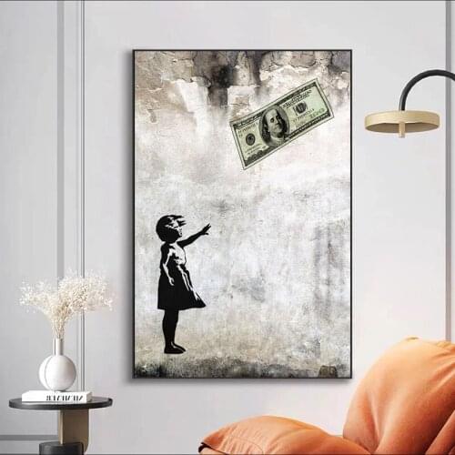 Abstract Street Graffiti Banksy Art Canvas Painting Girl and Flutter Money Posters and Prints Wall Picture for Living Room Decor