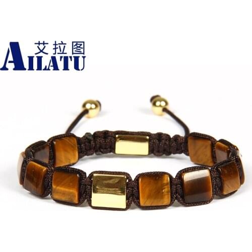 Ailatu Wholesale 10pcs/lot 8x8mm Natural Yellow Tiger Eye Stone FlatBead Geometric Braided Square bracelet Nice Gift