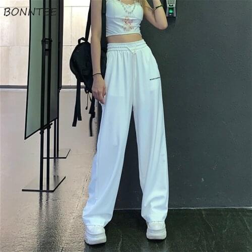 Wide Leg Pants Women Harajuku BF Style Chic Letter Simple Drawstring Teens Full Length Trousers Summer Stylish Ladies Streetwear