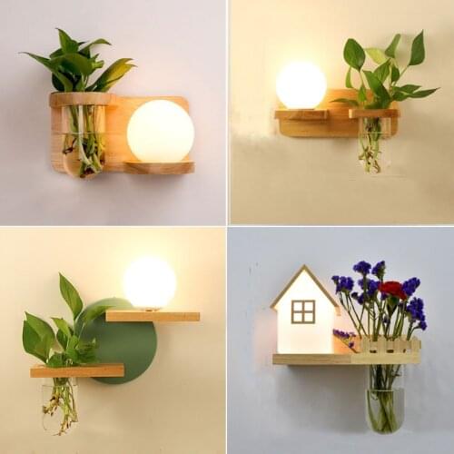 LED Wall Lamp Modern Nordic Wooden Wall Lamp Creative Solid Wood Hydroponic Plant Decorative Wall Lamp Indoor Plant Wall Lamp