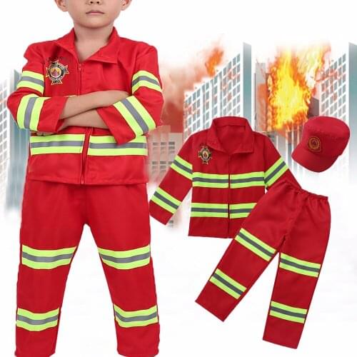 Kids Firefighter Costumes Baby Boys Clothing Set Halloween Party Cosplay Roleplay Fireman Costumes for Teenager Boys with Hat