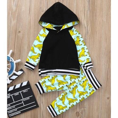 2pcs Kids Dinosaur Pattern Suit Long Sleeve Loose Hoodie Striped Trousers Baby Boys Girls Autumn / Winter Clothin