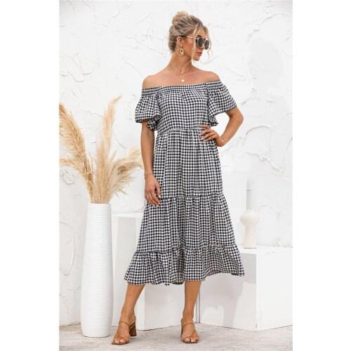 Femme Robes Summer Dress Women Grid Print Dresses Shrinkage Pockets Slash Neck Butterfly Sleeves Long Dress For Woman Vestidos