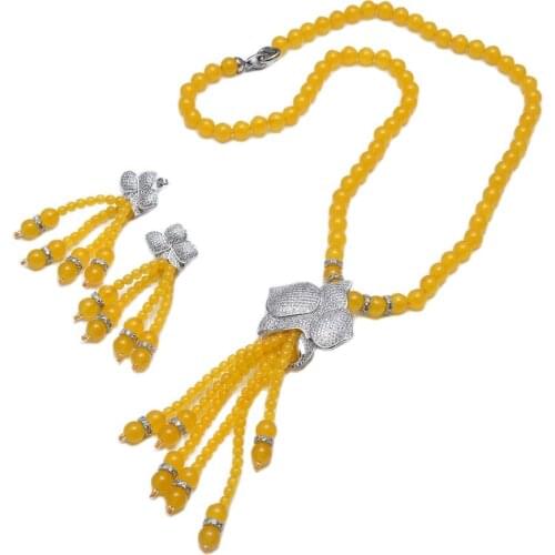 GG Jewelry 25" Yellow Jades Stone Cubic Zirconia Pave Flower Tassel Pendant Necklace Earrings Sets For Women