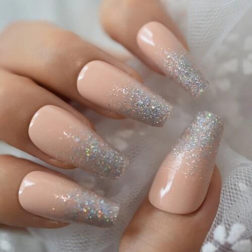 Holographic Silver Glitter French Coffin Fake Nails Natural Nude Pink Artificial False Nail Tips for Office Home Wear Faux Ongle