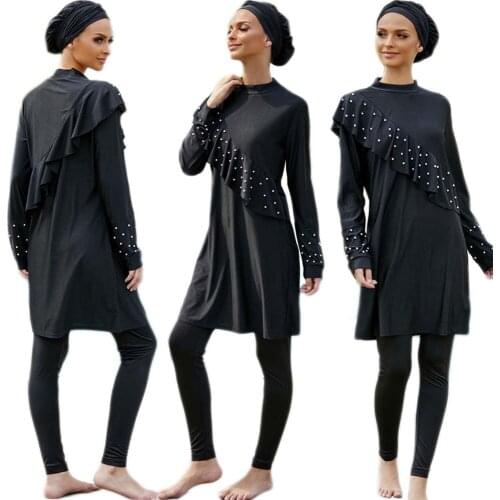 Black Ruffle Beads Muslim Swimwear Burkini 3pcs Patchwork Hijab Long Sleeve Sport Swimsuit Islamic Wear Bathing Suit Fashion New